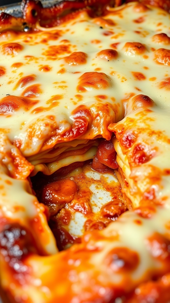 A hearty classic lasagna with layers of meat sauce and cheese, served in a baking dish.